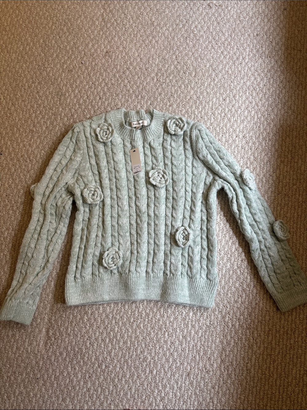 Francesca's Collections Mint Cable Knit Floral Appliqué Crewneck Sweater